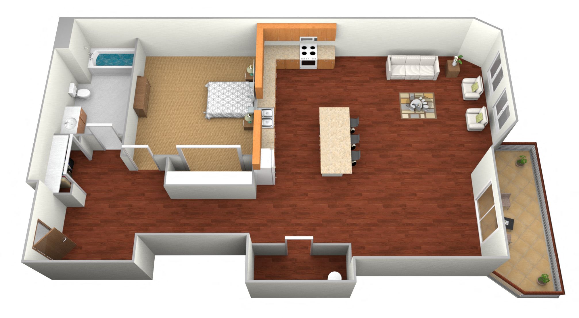 Floor plan for 1 bed, 1 bath, 766 sqft